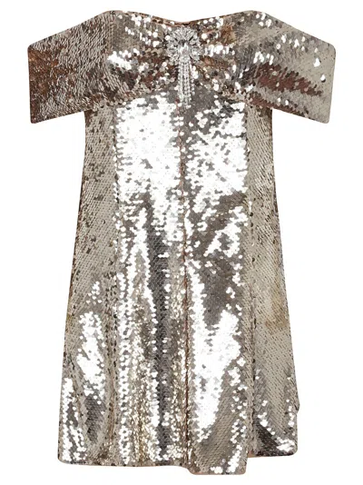 Self-portrait Self Portrait Short Dress With Off The Shoulders In Silver