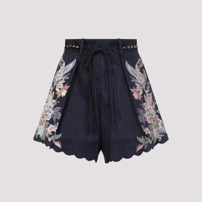 Zimmermann Rhiannon Blue Shorts With Removable Belt And Floral Embroidery On The Side In Linen Woman