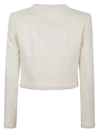 Self-portrait White Crewneck Jacket With Sequin And Faux-pearls Embellishments In Tech Fabric Woman