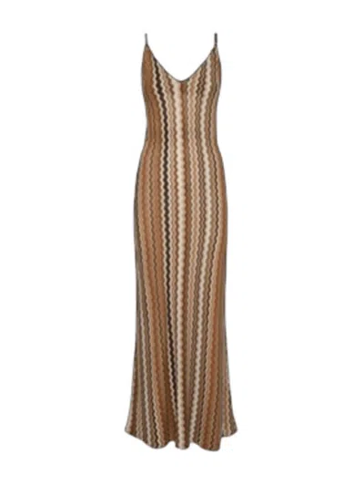 Saint Barth Chevron Pattern Maxi Dress With Deep V-neck And Crisscross Straps In Brown