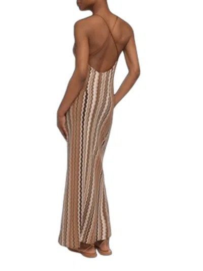 Saint Barth Chevron Pattern Maxi Dress With Deep V-neck And Crisscross Straps In Brown