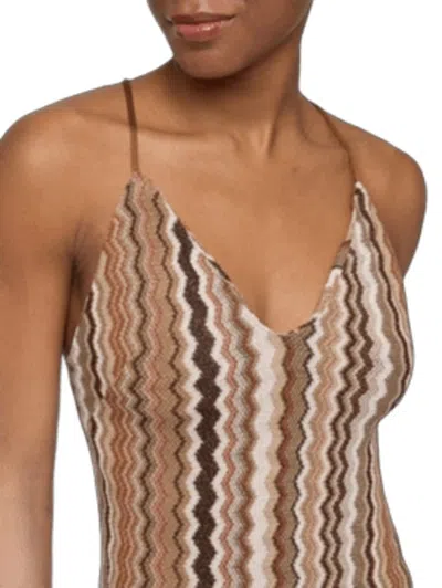 Saint Barth Chevron Pattern Maxi Dress With Deep V-neck And Crisscross Straps In Brown