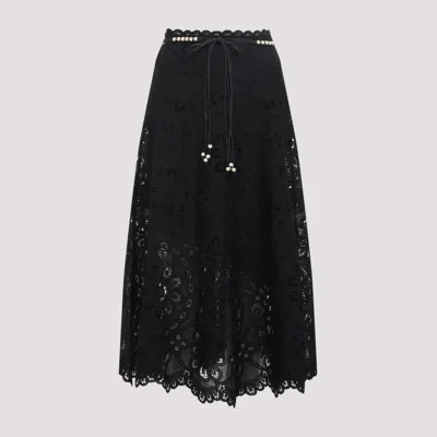 Zimmermann Zim Rhiannon Embroidered Scallop Hem Wblt Midi Skirt Black