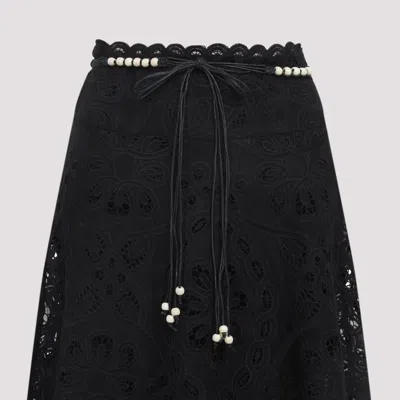 Zimmermann Zim Rhiannon Embroidered Scallop Hem Wblt Midi Skirt Black