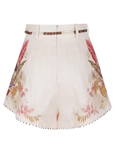 Zimmermann Ascension Belted Bead-embellished Floral-print Linen Shorts In Pink
