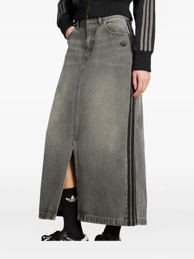 Adidas Originals Adicolor 3-stripes Denim Maxi Skirt In Gray
