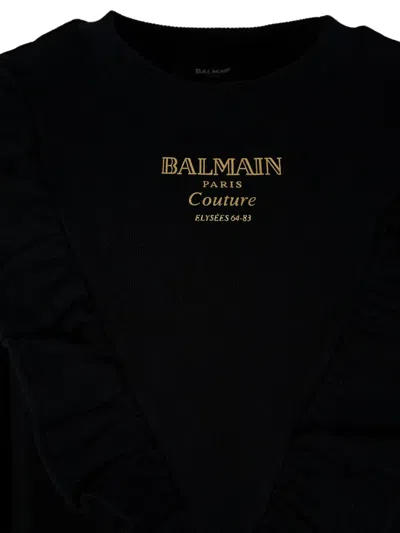 Balmain Ruffled-detail Logo Dress In Black