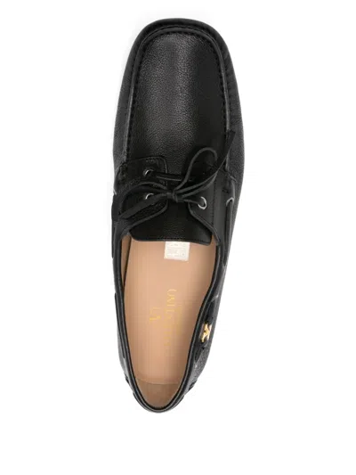 Valentino Garavani 'fastaway' Black Loafers With Vlogo Plaque And Decorative Laces With Logo In Leat In Black