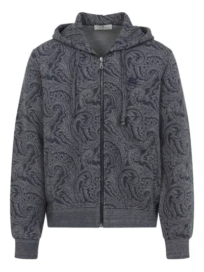 Etro Paisley Print Zip-up Hooded Sweatshirt In Gray