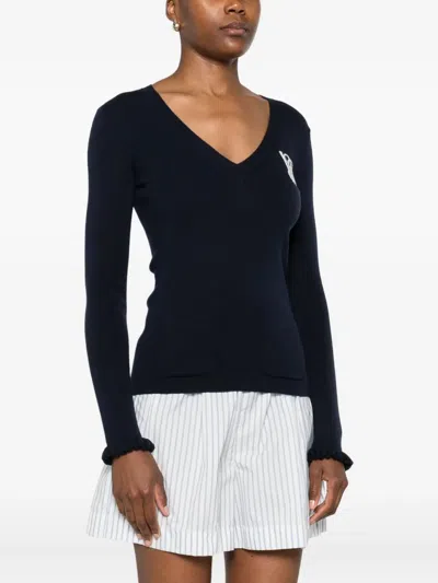 Valentino Ruffled V-neck Wool Sweater In Blue