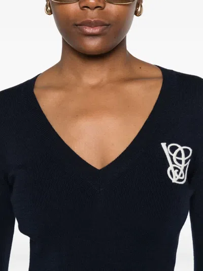 Valentino Ruffled V-neck Wool Sweater In Blue