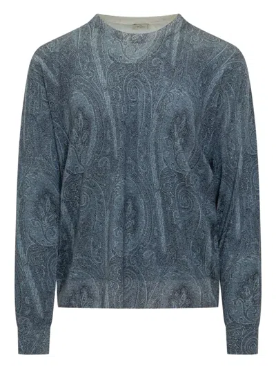Etro Silk Blend Crew Neck Sweater With Paisley Embroidery In Blue