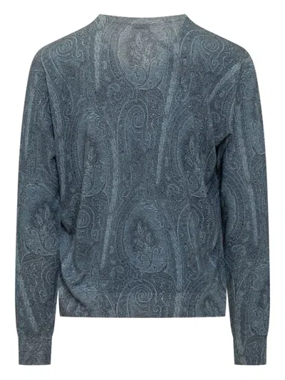 Etro Silk Blend Crew Neck Sweater With Paisley Embroidery In Blue