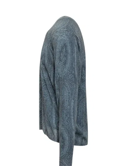 Etro Silk Blend Crew Neck Sweater With Paisley Embroidery In Blue