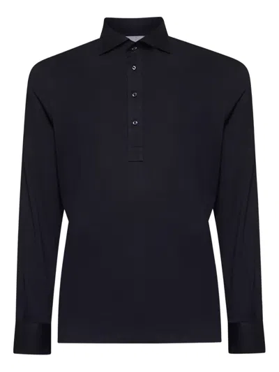 Brunello Cucinelli Long-sleeved Cotton Polo Shirt In Blue