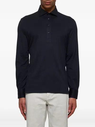 Brunello Cucinelli Long-sleeved Cotton Polo Shirt In Blue