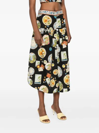 Farm Rio Trip Souvenir Black Mixed Buttons Midi Skirt Trip Souvenir Black In Black