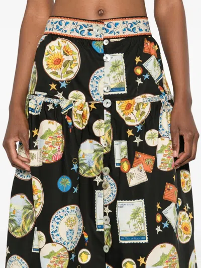 Farm Rio Trip Souvenir Black Mixed Buttons Midi Skirt Trip Souvenir Black In Black