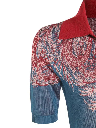 Etro Collared V-neck Polo With Patterned Ribbed Cuffs
