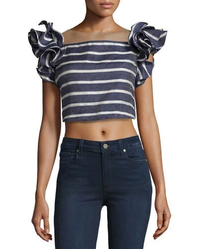 Johanna Ortiz Striped Ruffled-shoulder Cropped Blouse, Blue/white In Navy