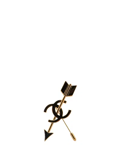 Pre-owned Chanel 1993 Gold Plated Cc Logo And Arrow Brooch Pin Costume Brooch