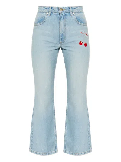 Loveshackfancy Cherry-embroidery Jeans In Blue