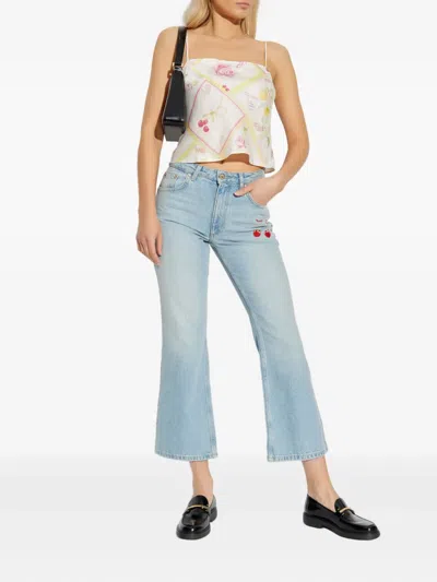 Loveshackfancy Cherry-embroidery Jeans In Blue