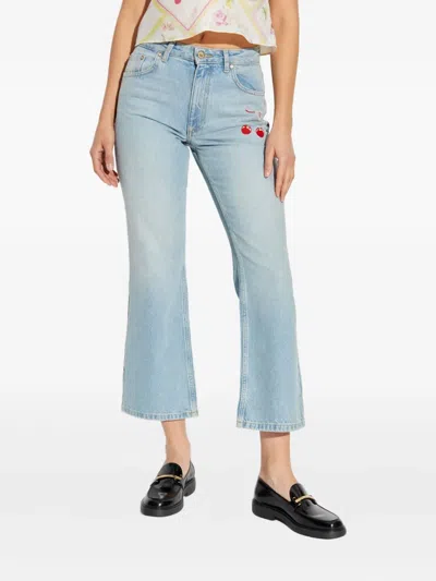 Loveshackfancy Cherry-embroidery Jeans In Blue
