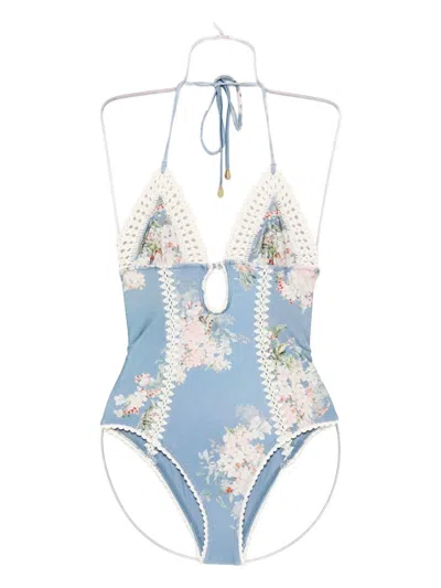 Zimmermann Cascadian Keyhole Crochet One Piece Tea Blue Botanical Floral