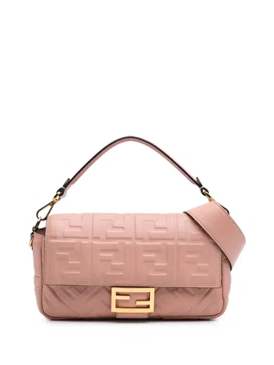 Pre-owned Fendi 2000-2010 Zucca Embossed Leather Baguette Satchel