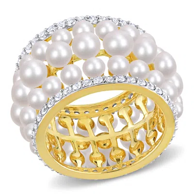 Mimi & Max Cultured Freshwater Pearl And 1 3/5ct Tgw Created White Sapphire Triple Row Ring In Yellow Silver