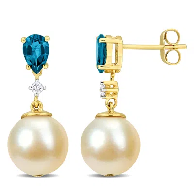 Mimi & Max 8.5-9.0mm Golden South Sea Cultured Pearl Diamond Accent Drop Earrings With Blue Topaz In 14k Yellow