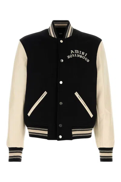 Amiri Mens Hollywood Embroidered-text Wool-leather Blend Bomber Jacket Black Xl In Black