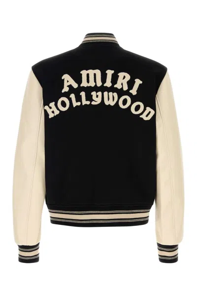 Amiri Mens Hollywood Embroidered-text Wool-leather Blend Bomber Jacket Black Xl In Black