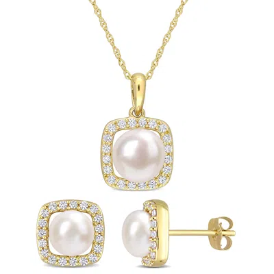 Mimi & Max 6-7.5mm Cultured Freshwater Pearl And 3/5ct Tgw Created White Sapphire Necklace And Earrings Set In 
