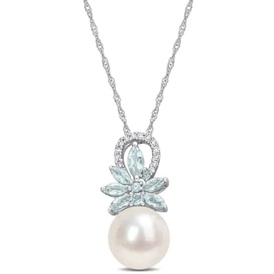 Mimi & Max 9.5-10mm Cultured Freshwater Pearl And 1/3ct Tgw Aquamarine And Diamond Accent Flower Necklace In 14