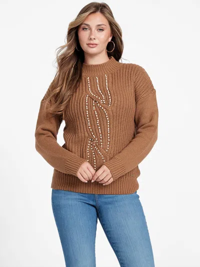 Guess Factory Cecily Pearl Fisherman Sweater In Brown
