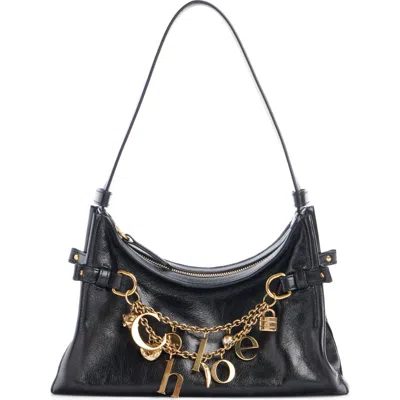 Chloé Logo Charm Hobo Bag In Shiny Leather In Black