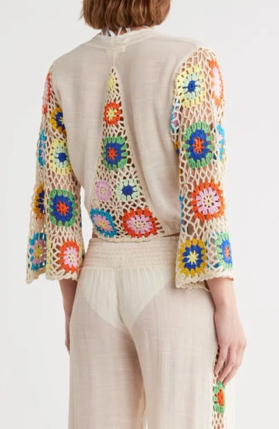 Elan Crochet Long Sleeve Tie Front Cover-up Top In Neutral