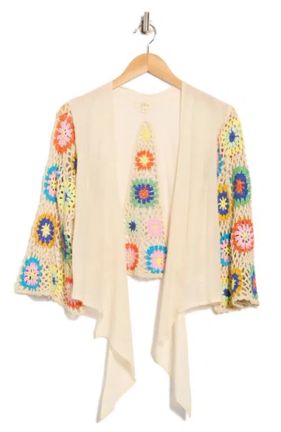 Elan Crochet Long Sleeve Tie Front Cover-up Top In Neutral