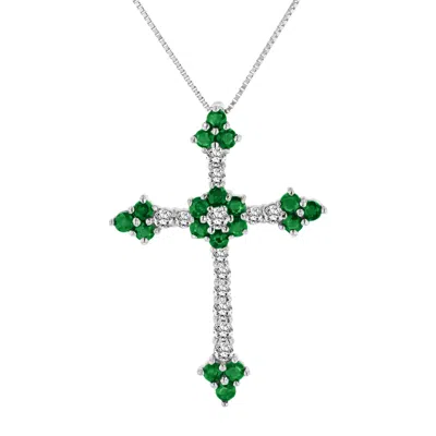 Diana M Jewels 1.10ctw Diamond And Emerald Cross Pendantt In 14k White Gold