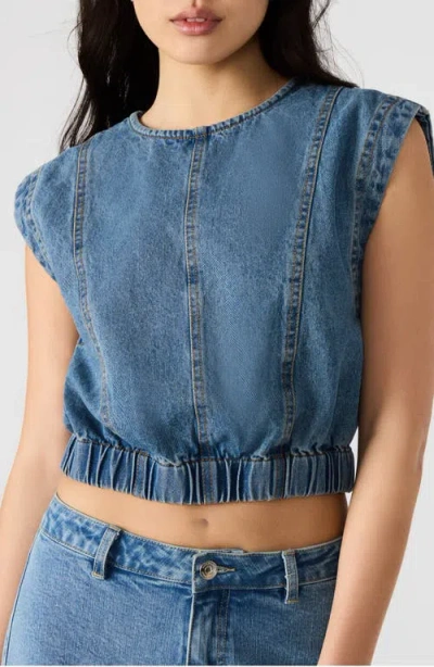 Steve Madden Leila Sleeveless Denim Crop Top In Blue