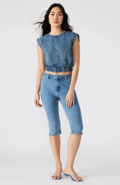 Steve Madden Leila Sleeveless Denim Crop Top In Blue