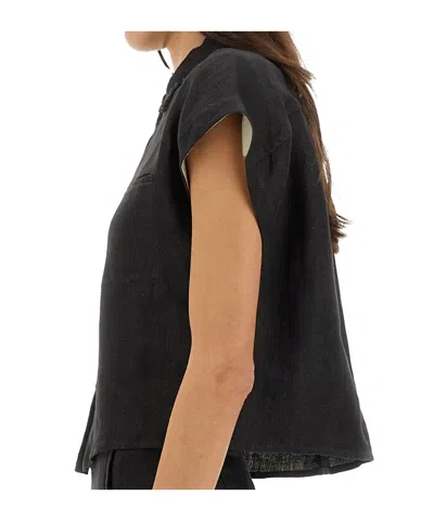 Alysi Cropped Linen Shirt With Classic Collar In Black