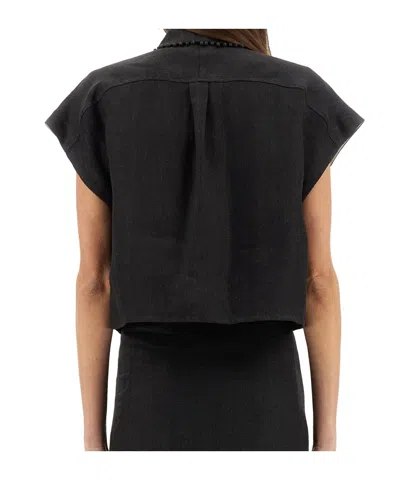 Alysi Cropped Linen Shirt With Classic Collar In Black