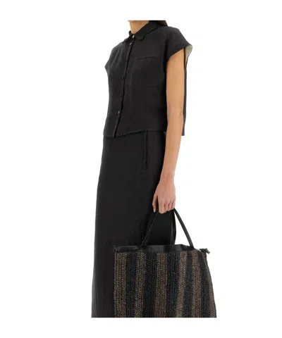 Alysi Cropped Linen Shirt With Classic Collar In Black