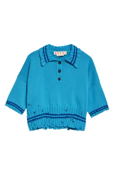 Marni Mending Logo Distressed Boxy Cotton Polo Sweater In Blue