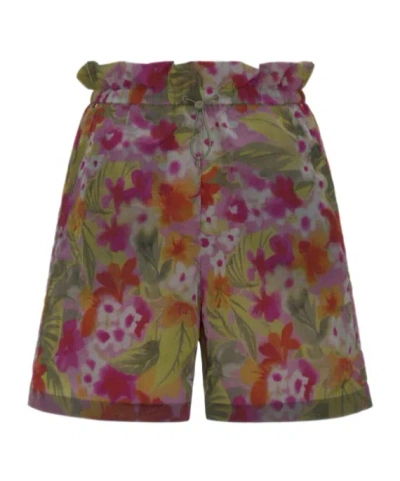 K-way Floral Green Women's Summer Sport Shorts With Elastic Waist In Multi