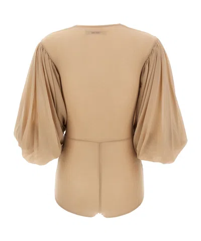 Philosophy Di Lorenzo Serafini Stretch Tulle Bodysuit With Gathered Detailing In Neutral