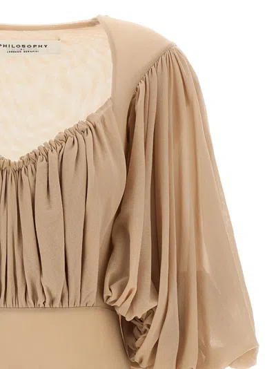 Philosophy Di Lorenzo Serafini Stretch Tulle Bodysuit With Gathered Detailing In Neutral